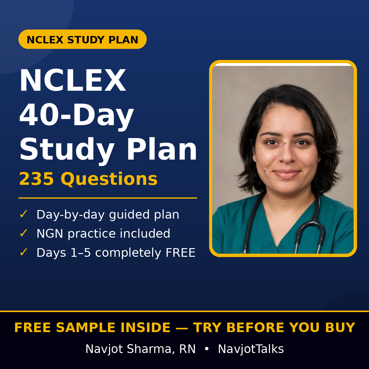 NCLEX 40-Day Self-Study Plan NGN practice questions cover by Navjot Sharma, RN