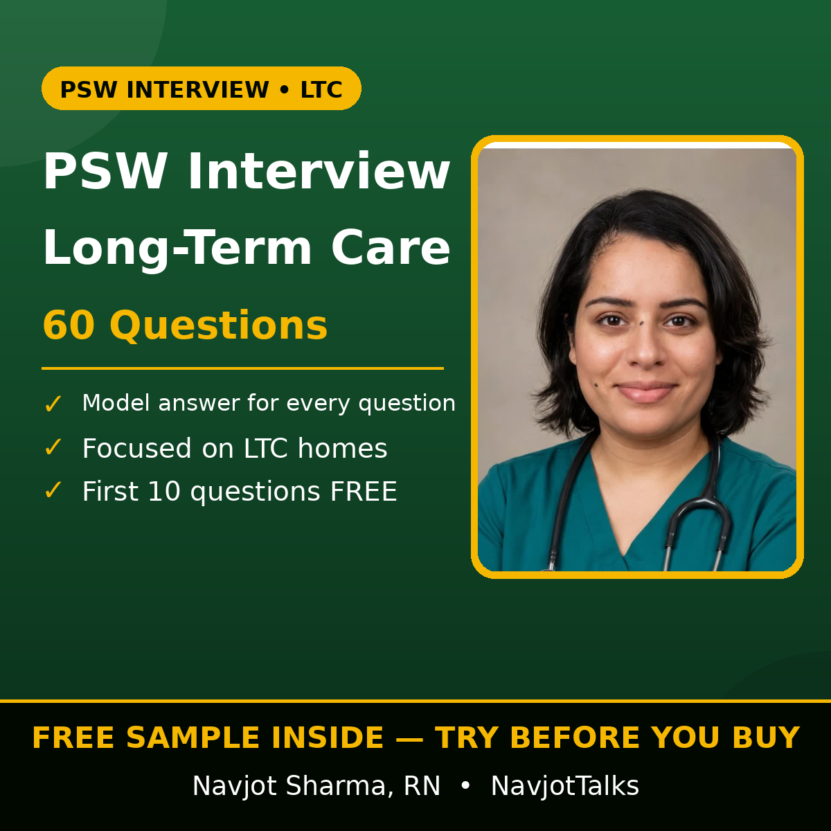 PSW Interview Preparation Long-Term Care app practice questions cover by Navjot Sharma, RN