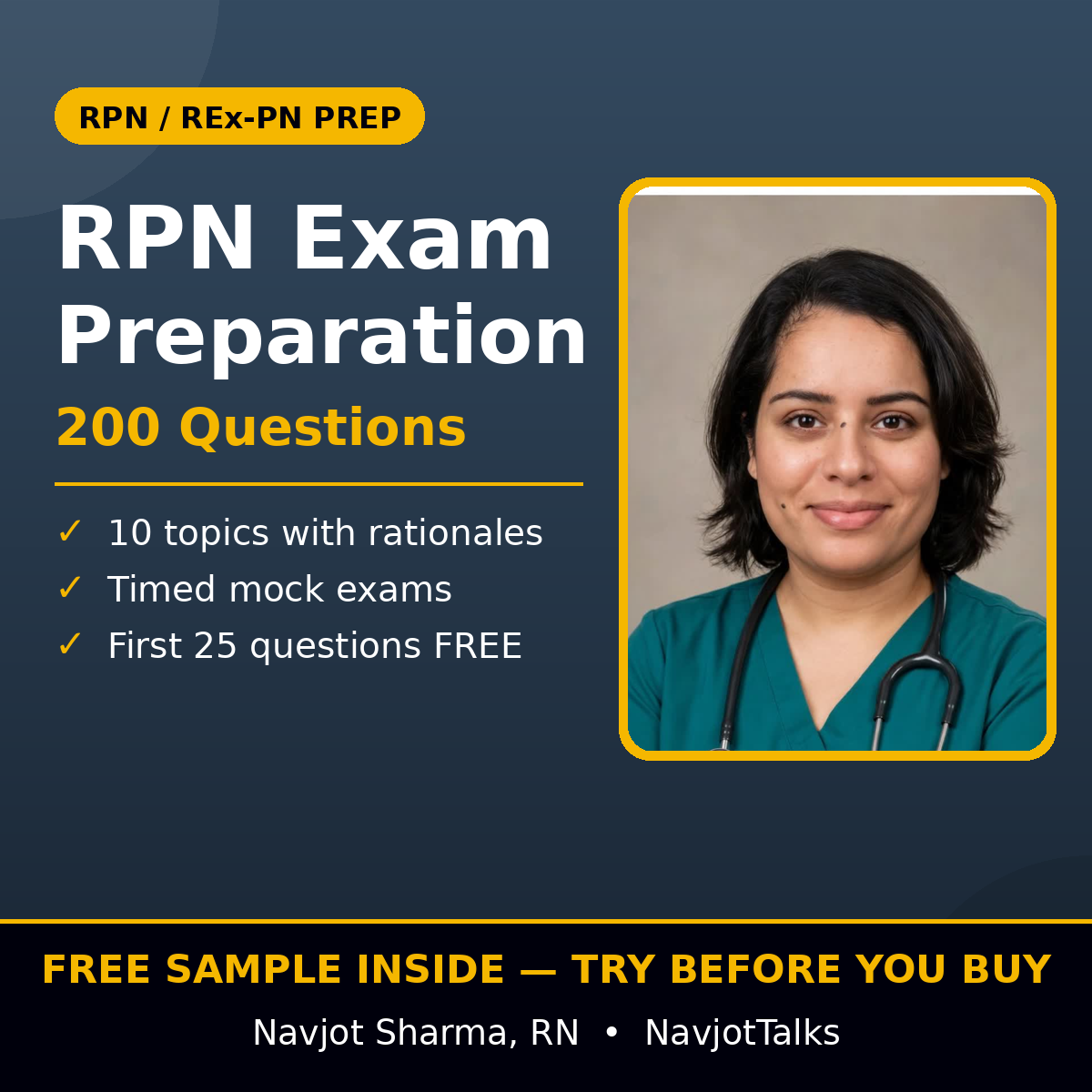 RPN Exam Preparation app practice questions cover by Navjot Sharma, RN
